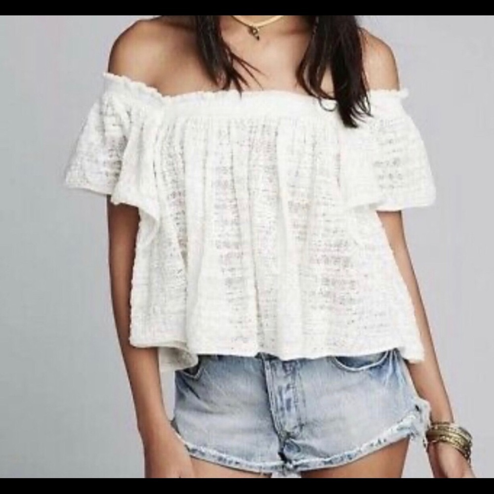 Free People NEW Thrills & Frills Cropped Festival Off Shoulder Top Knit Nuetral
